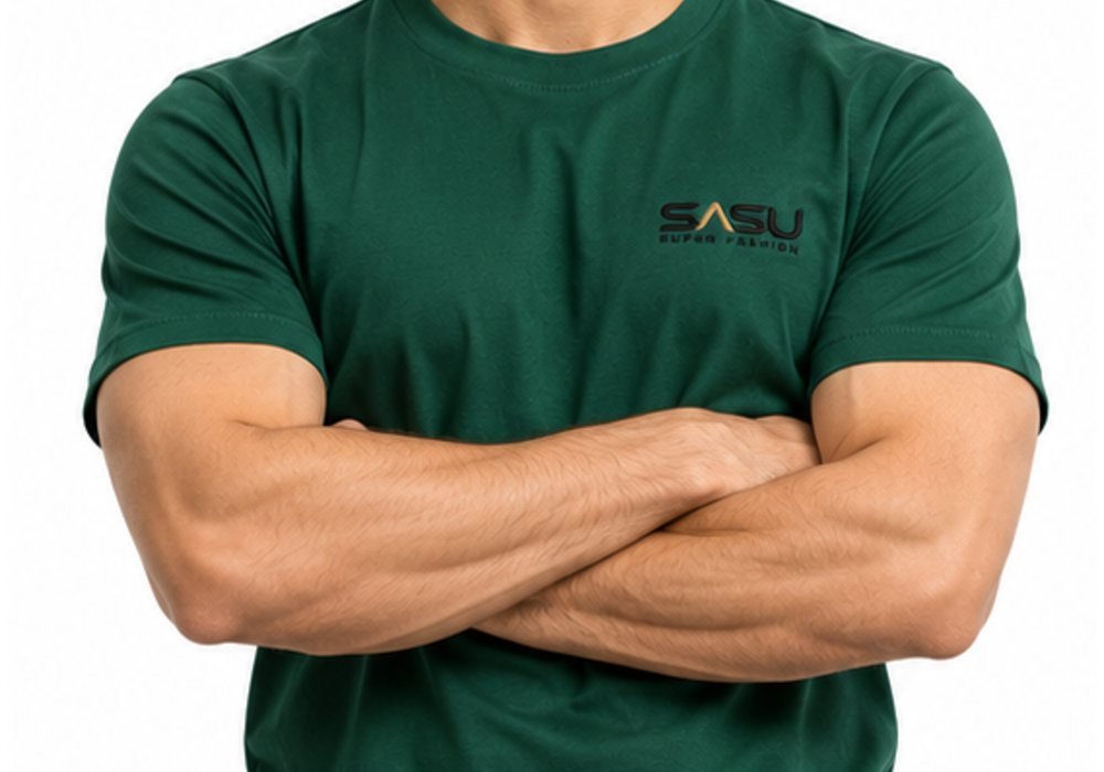Man in a forest green crew neck T-shirt with arms crossed