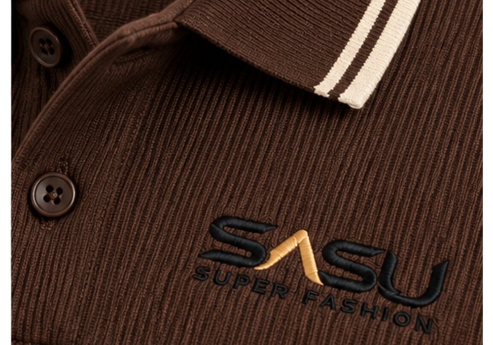Close-up of a brown rib-knit polo with tipped collar and embroidered logo