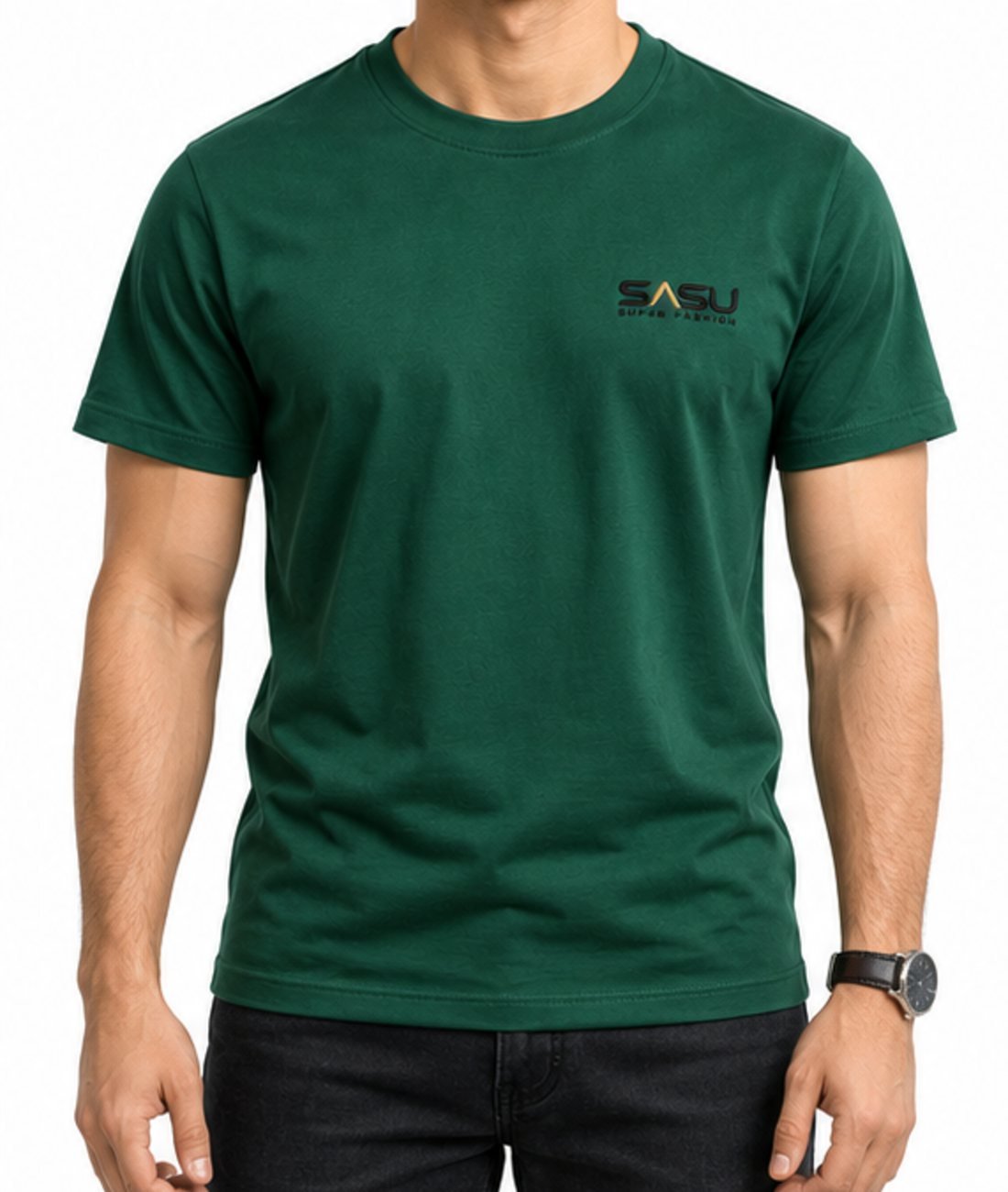 Man wearing a forest green crew neck T-shirt with an embroidered chest logo