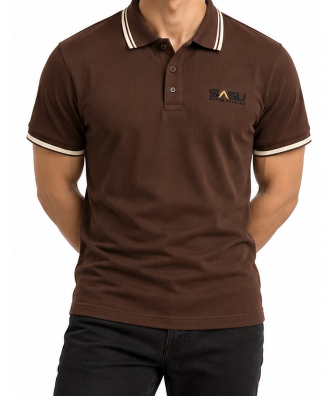 Man wearing a brown polo shirt with cream tipped collar