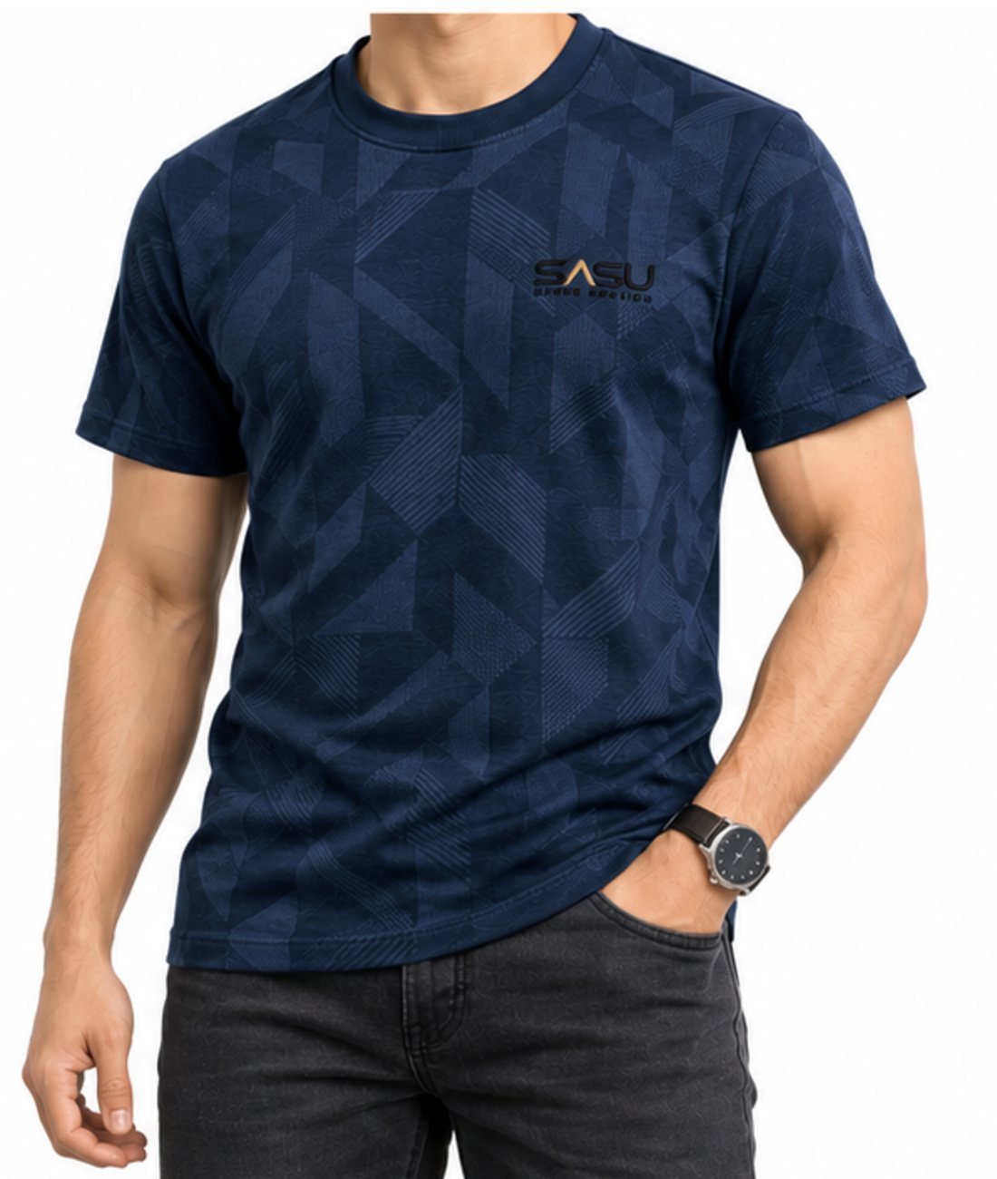 Man wearing a navy geometric jacquard T-shirt