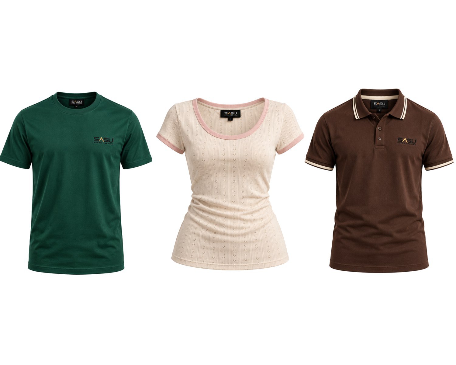 Forest green crew neck T-shirt, cream pointelle top and brown polo shirt laid side by side