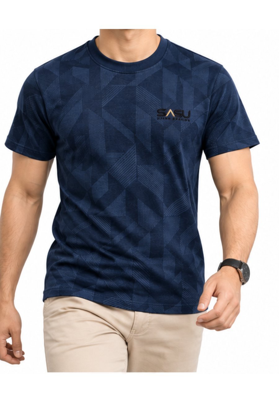 Man wearing a navy geometric jacquard T-shirt