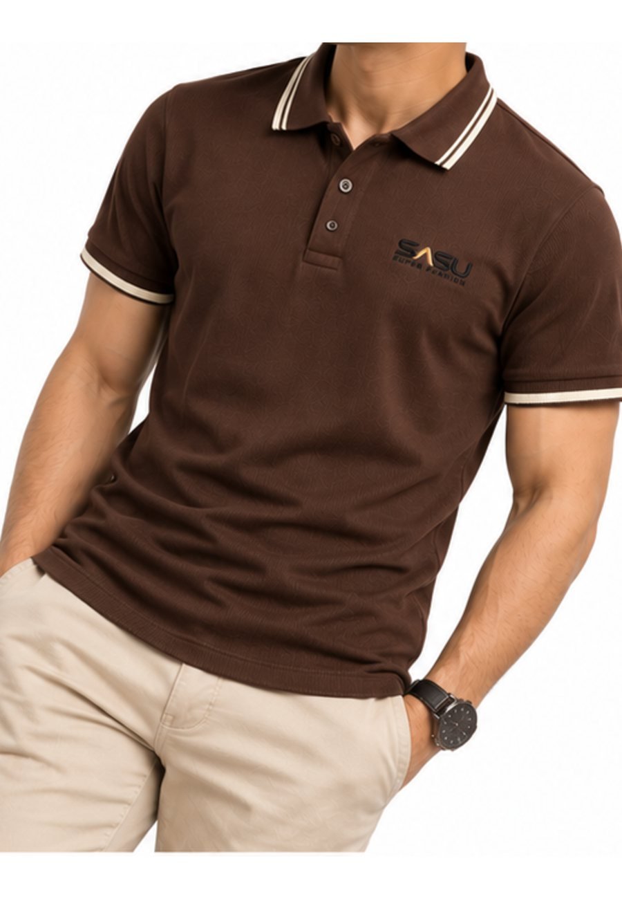 Man wearing a brown tipped-collar polo shirt