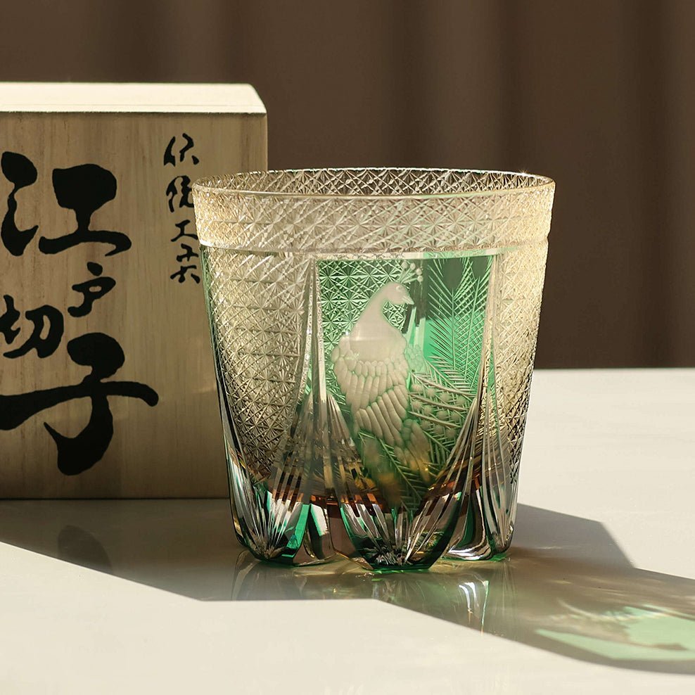 Edo Kiriko Handcrafted Peacock Motif Whisky Glass - Image 3