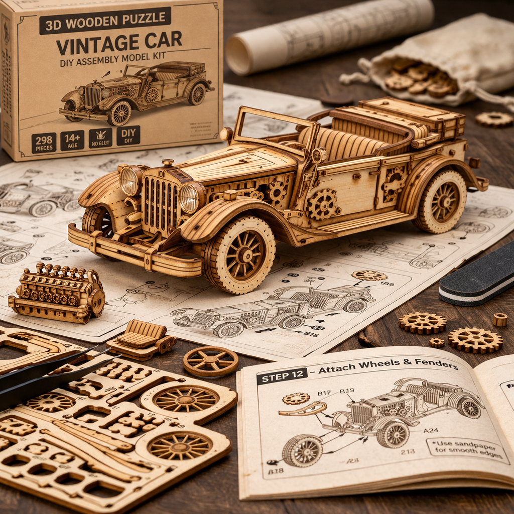 3D Wooden Vintage Car Puzzle – DIY Assembly Model Kit - Image 3