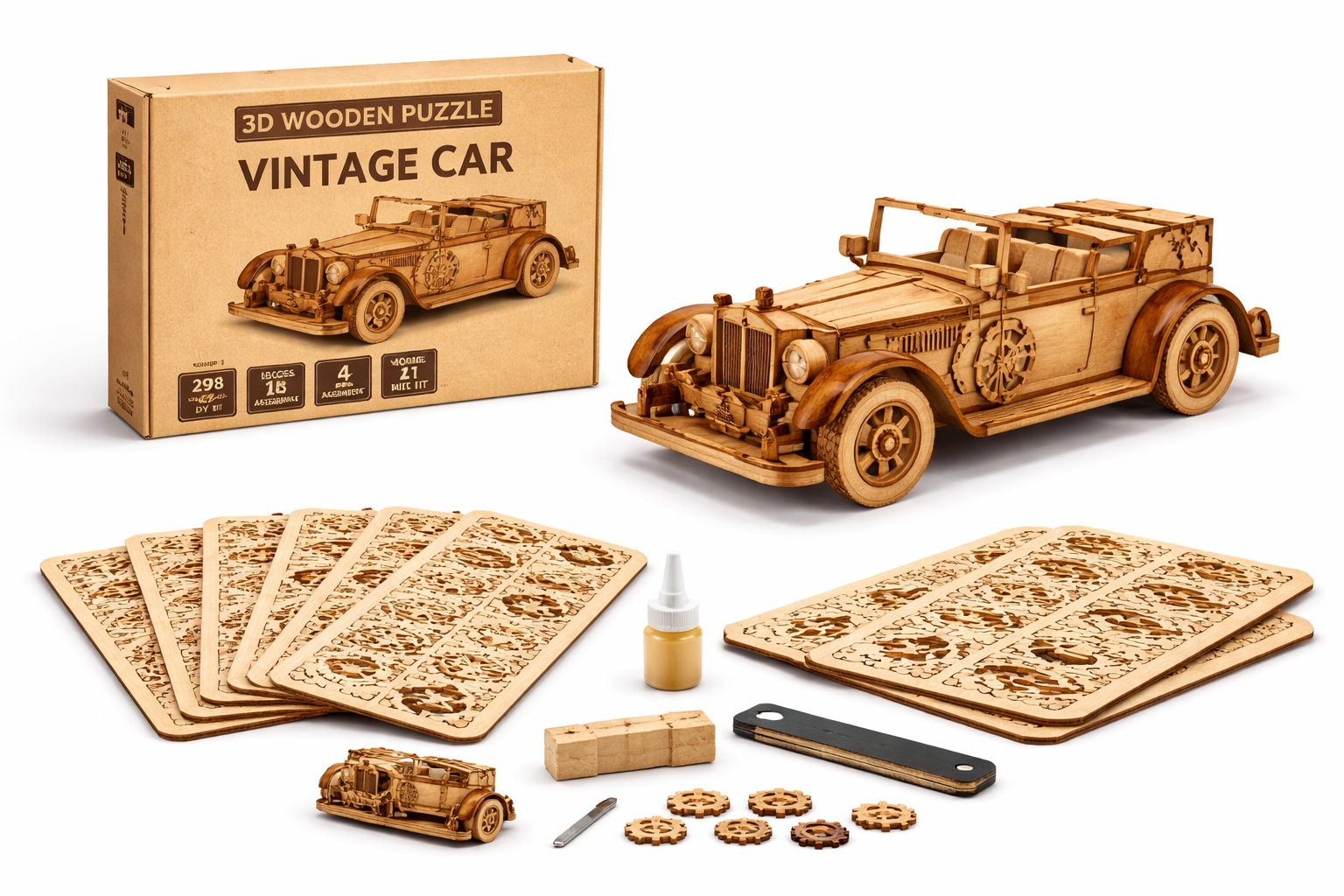 3D Wooden Vintage Car Puzzle – DIY Assembly Model Kit - Image 2