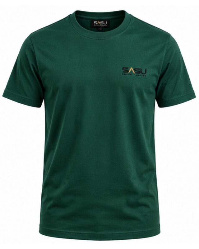 Forest green men's crew neck T-shirt, front view with embroidered chest logo