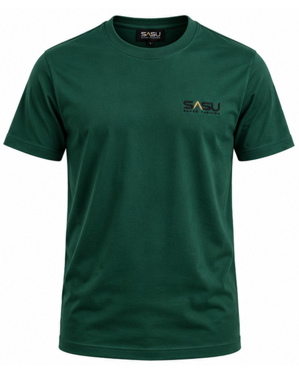Forest green men's crew neck T-shirt, front view with embroidered chest logo