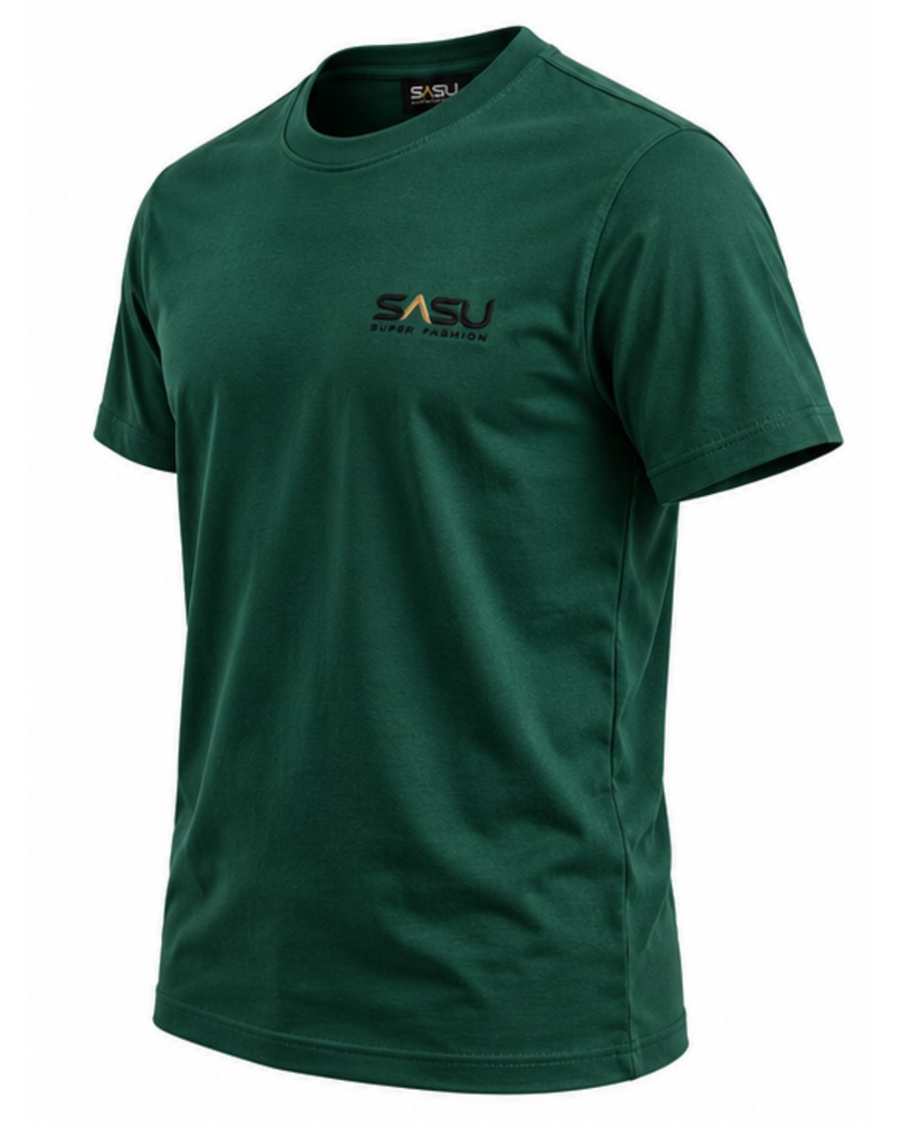 Forest green men's crew neck T-shirt, angled front view