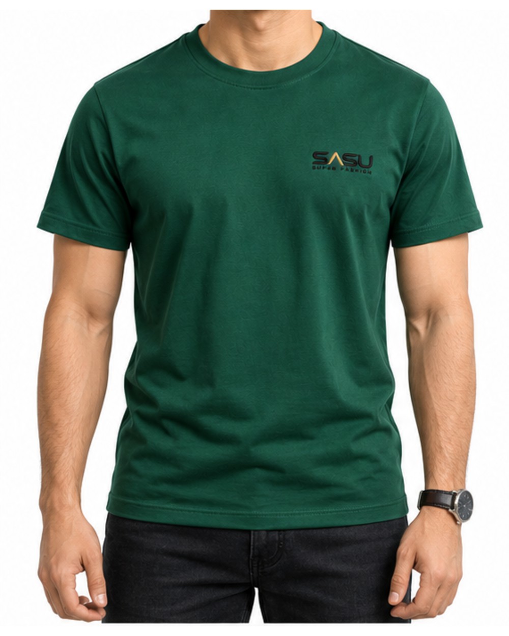 Forest green men's crew neck T-shirt, front fit view