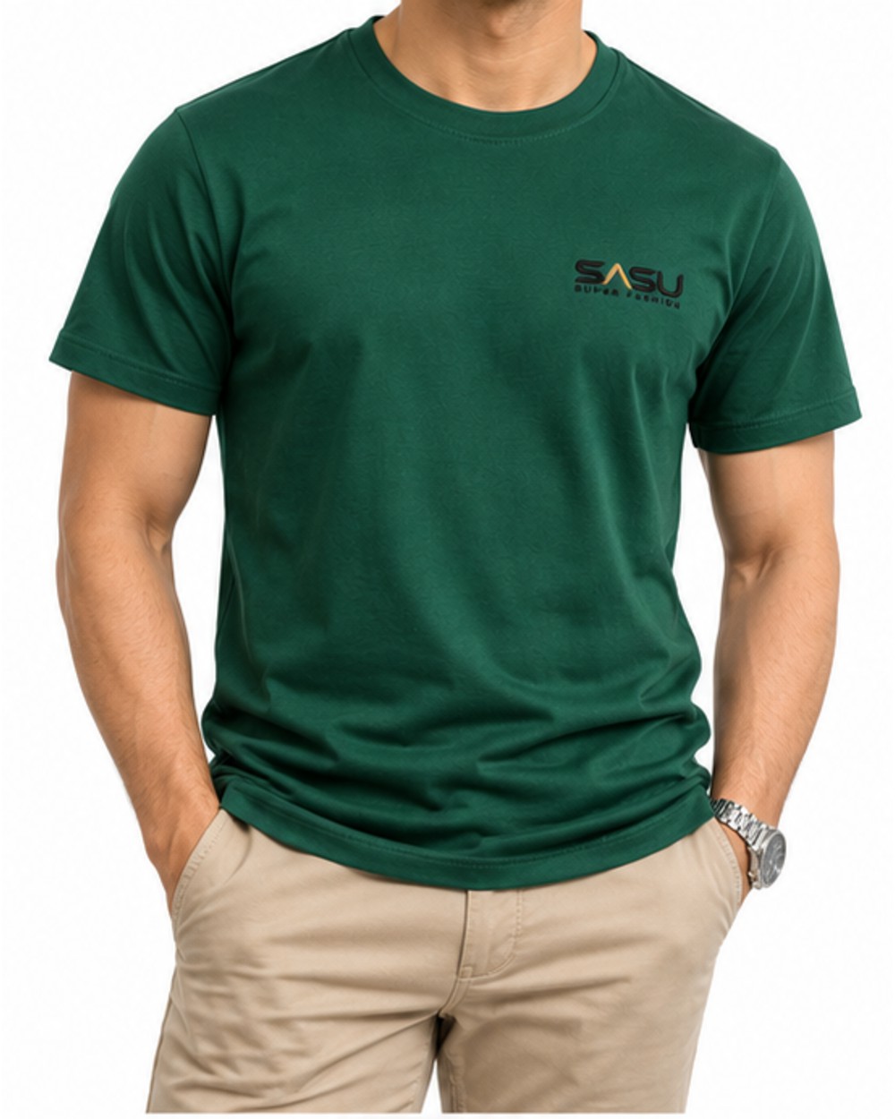 Forest green men's crew neck T-shirt, fit view showing the chest logo