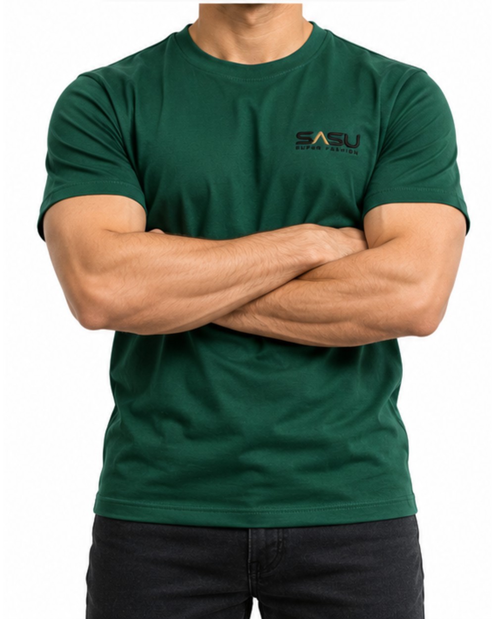 Forest green men's crew neck T-shirt, fit view showing the sleeves