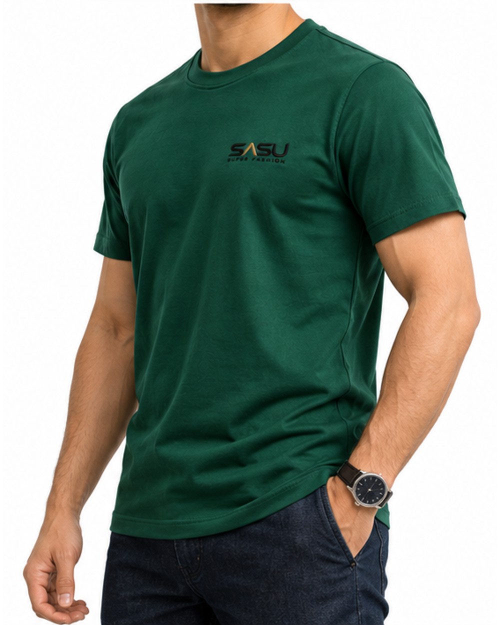Forest green men's crew neck T-shirt, angled fit view