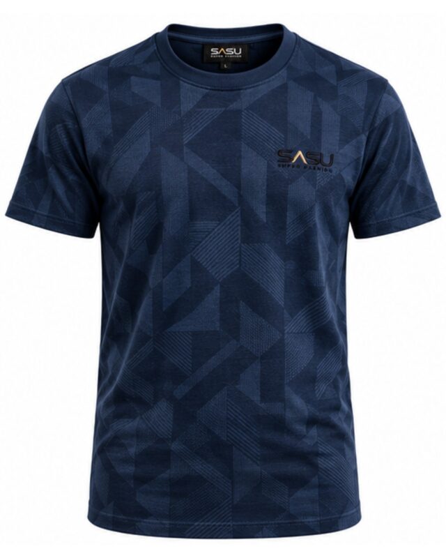 Navy men's geometric jacquard crew neck T-shirt, front view with embroidered chest logo