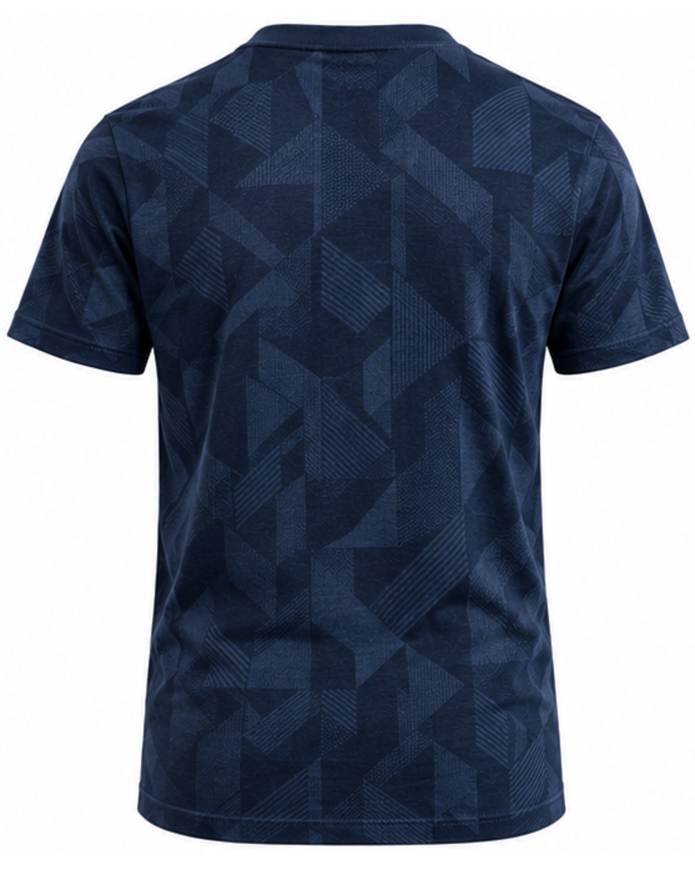 Navy men's geometric jacquard T-shirt, back view showing the all-over pattern
