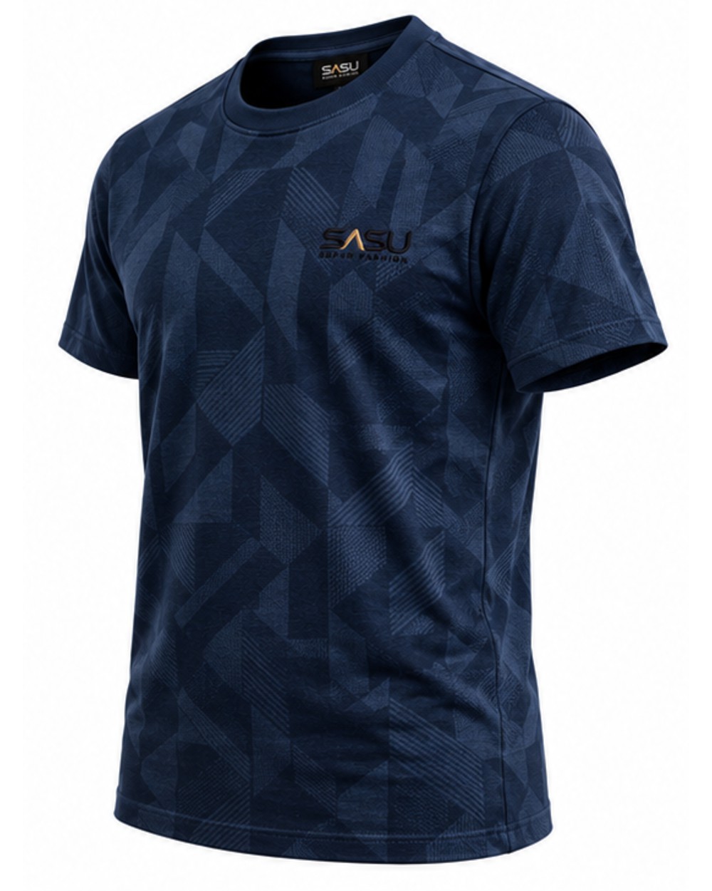 Navy men's geometric jacquard T-shirt, angled front view