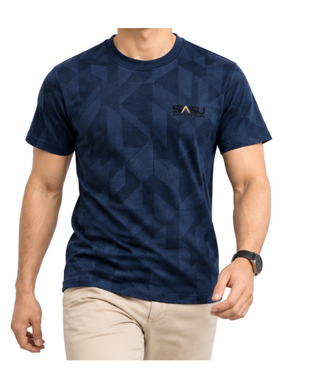 Navy men's geometric jacquard T-shirt, front fit view
