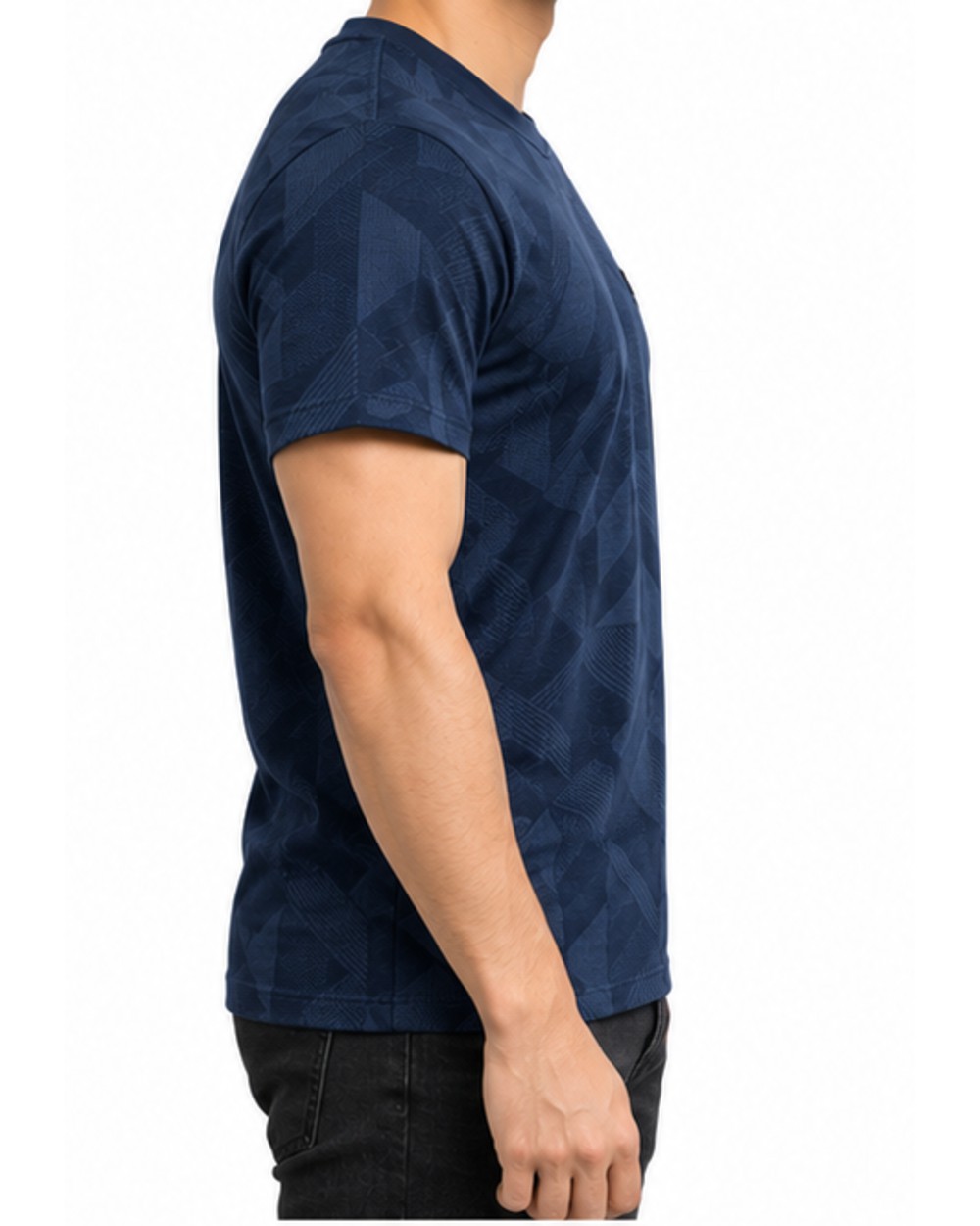 Navy men's geometric jacquard T-shirt, side fit view