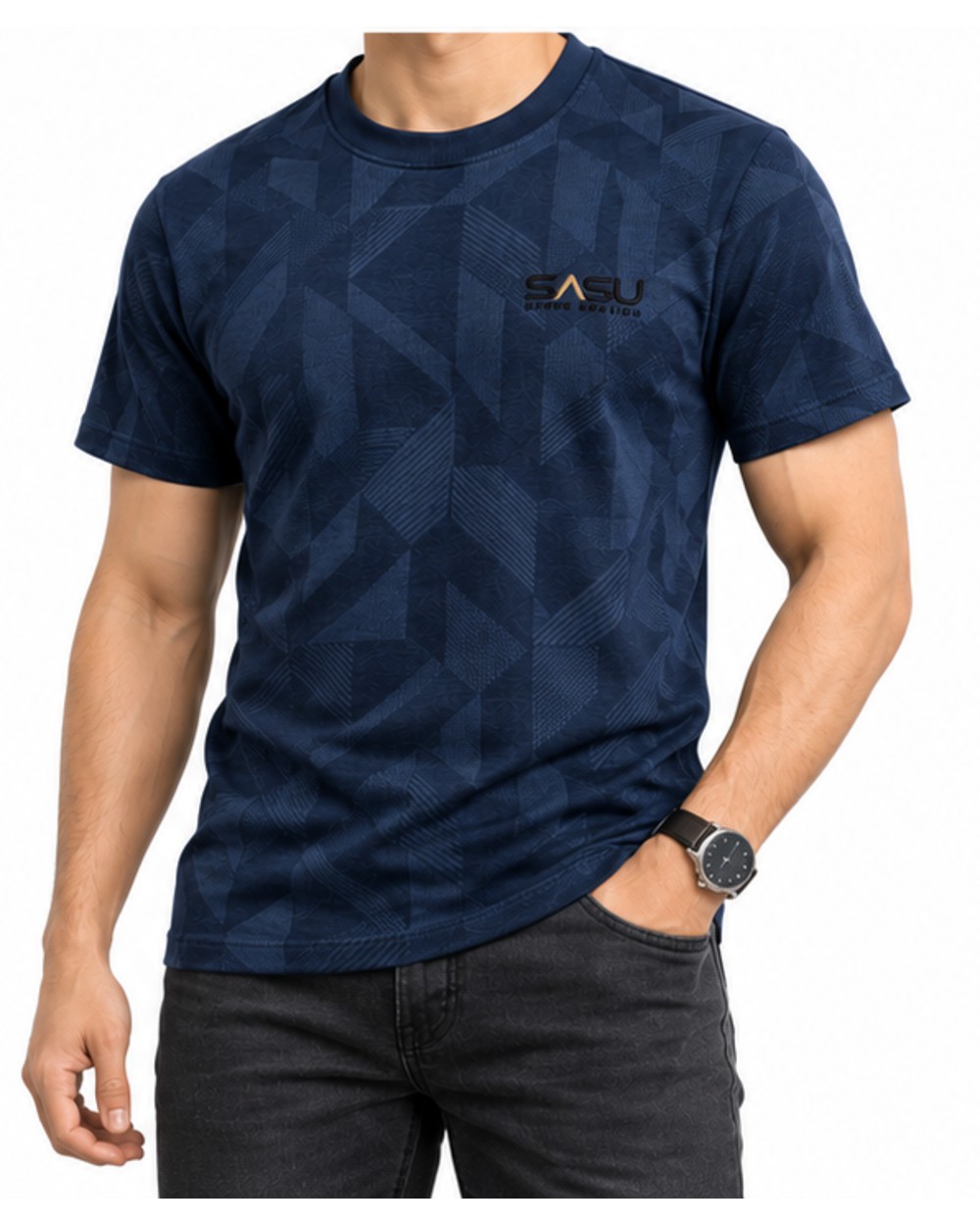 Navy men's geometric jacquard T-shirt, fit view showing the chest logo