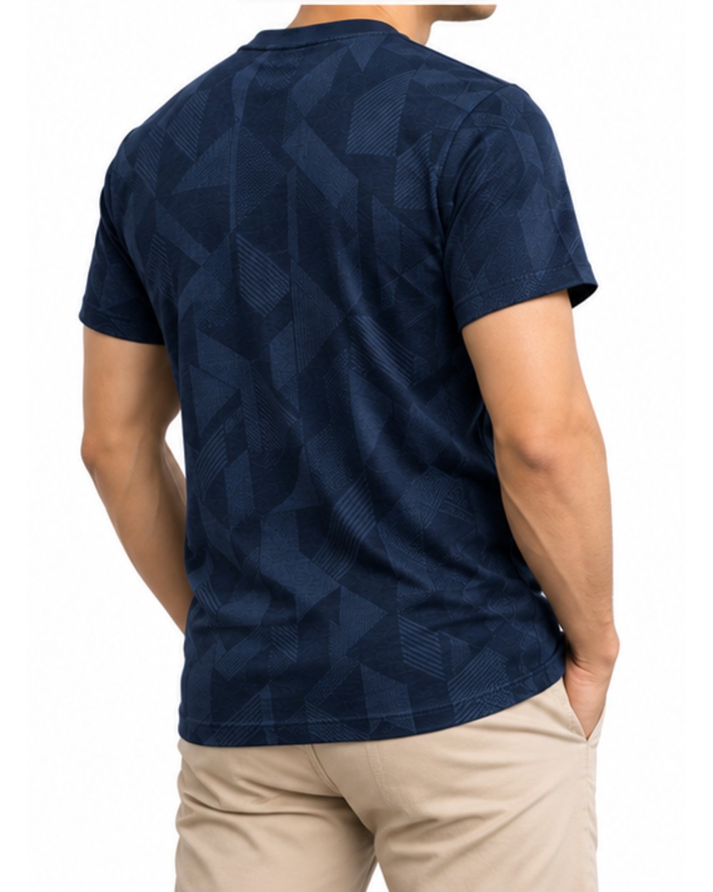 Navy men's geometric jacquard T-shirt, back fit view