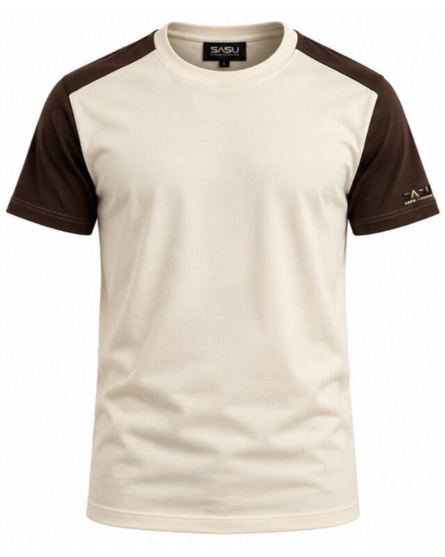 Cream men's crew neck T-shirt with dark brown raglan sleeves, front view