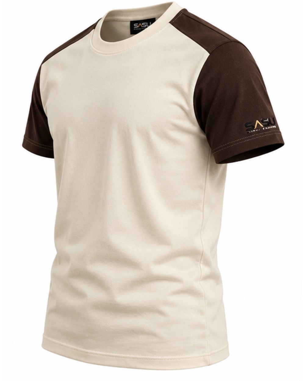 Cream and brown raglan T-shirt, angled view showing the sleeve logo