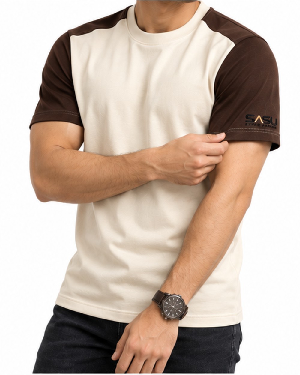 Cream and brown raglan T-shirt, fit view showing the sleeve logo