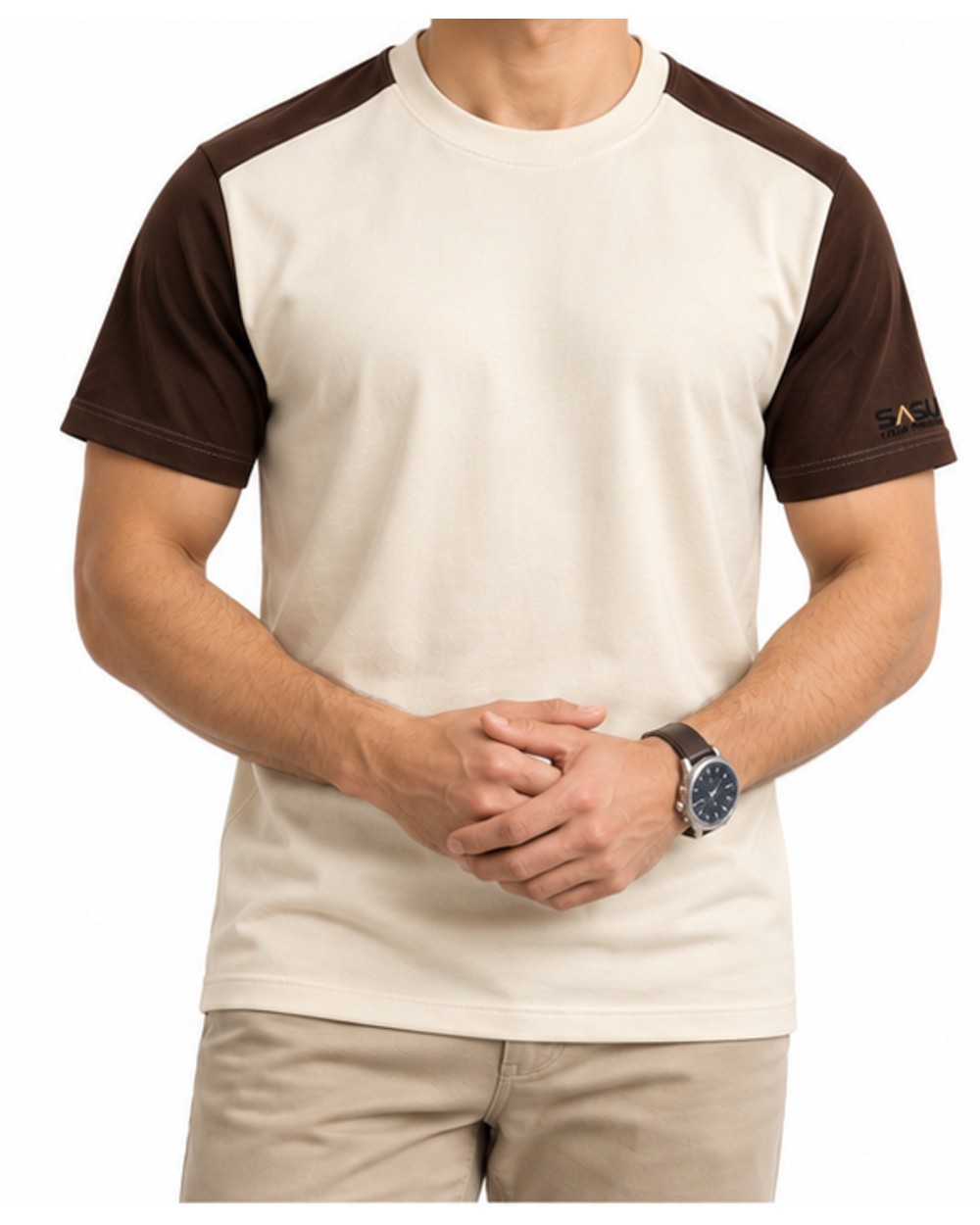 Cream and brown raglan T-shirt, front fit view