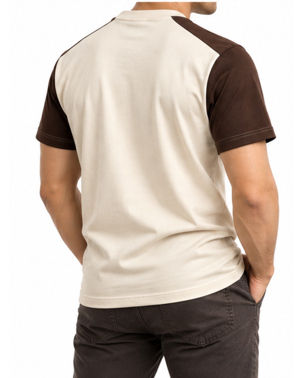 Cream and brown raglan T-shirt, back fit view