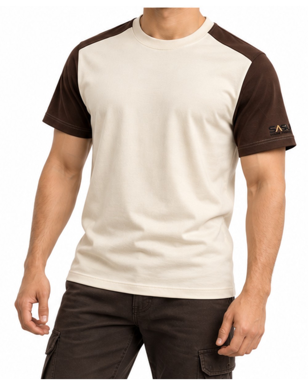 Cream and brown raglan T-shirt, front fit view showing the raglan sleeves