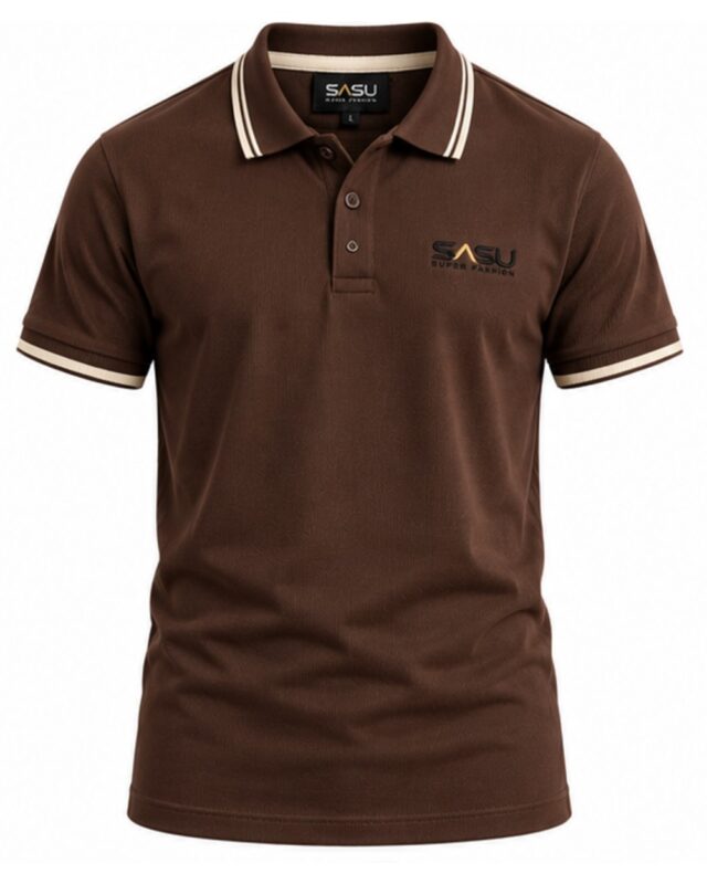 Brown men's polo shirt with cream tipped collar and cuffs, front view