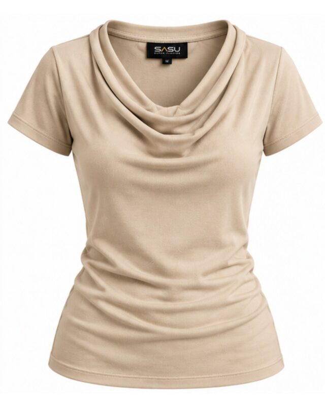 Beige women's cowl neck fitted top, front view