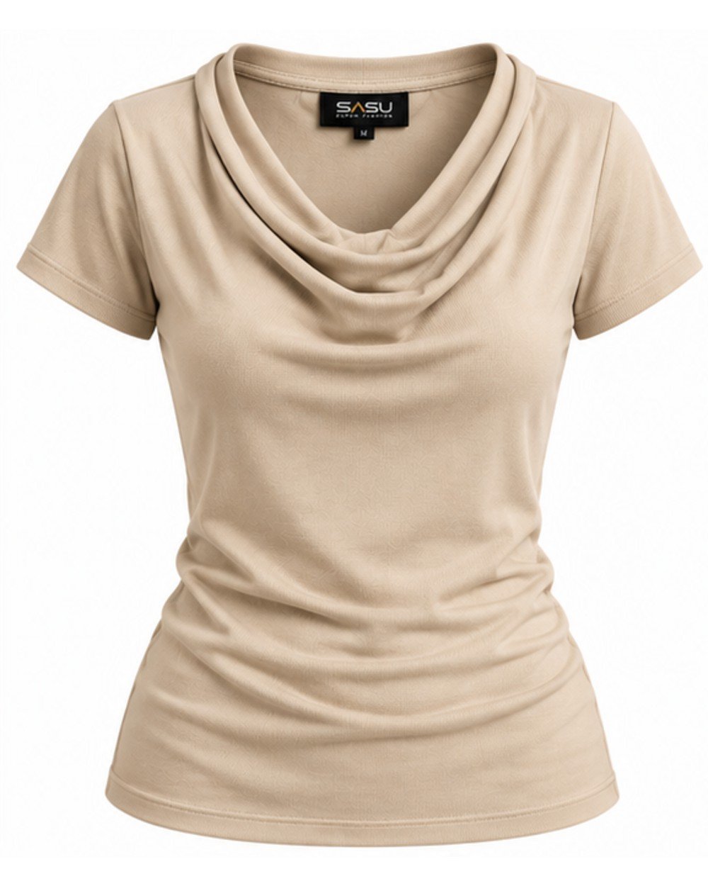Beige women's cowl neck fitted top, front view