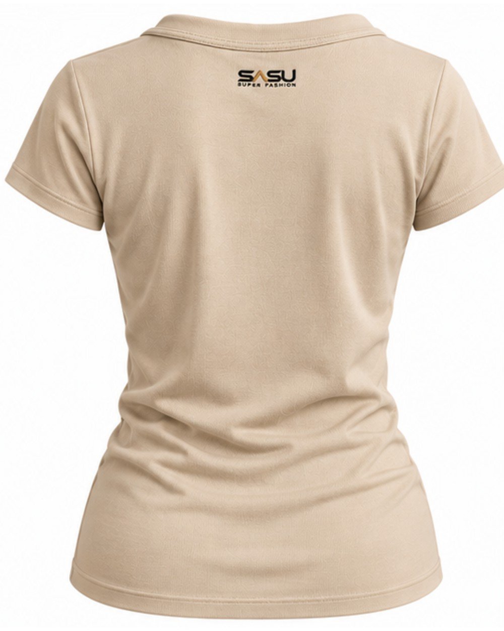Beige cowl neck top, back view with embroidered logo below the neckline