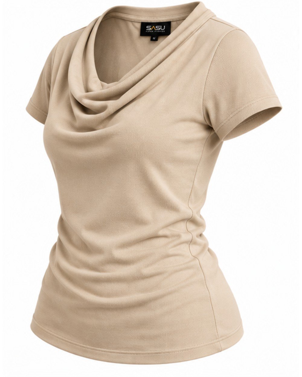 Beige cowl neck top, angled view showing the drape