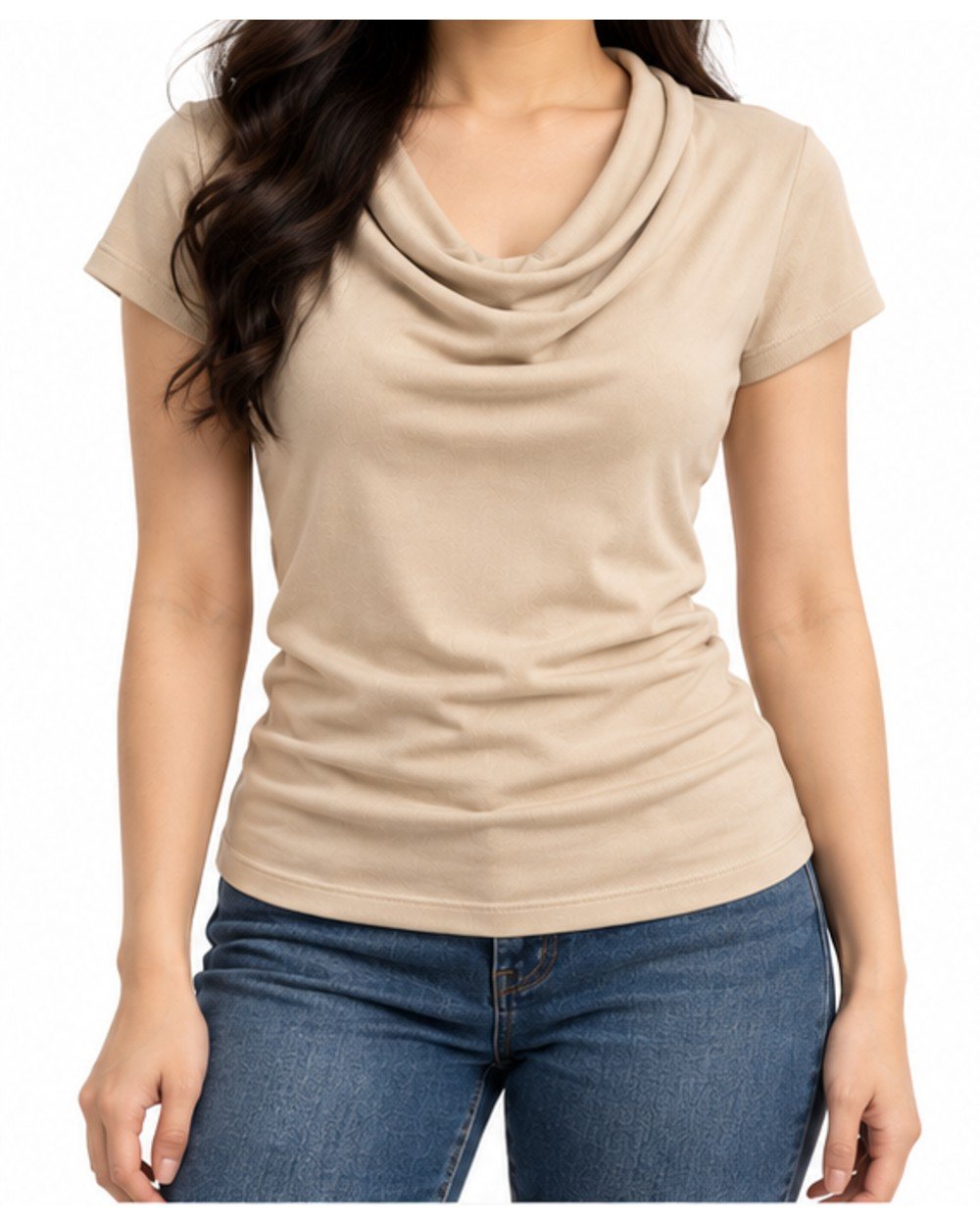 Woman wearing the beige cowl neck top with blue jeans, front view