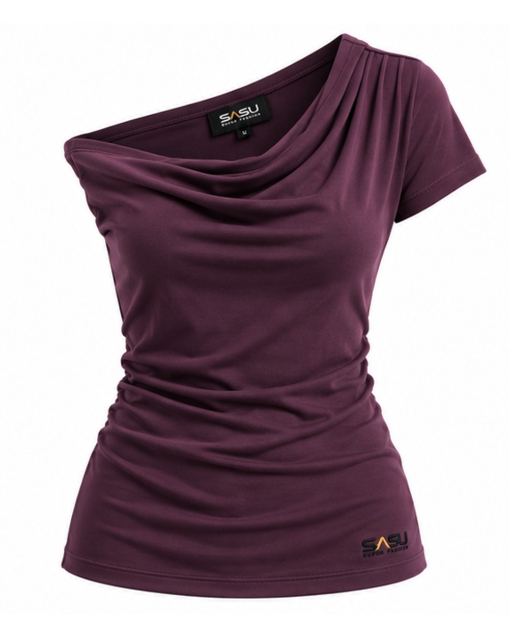 Plum women's one-shoulder draped fitted top, front view