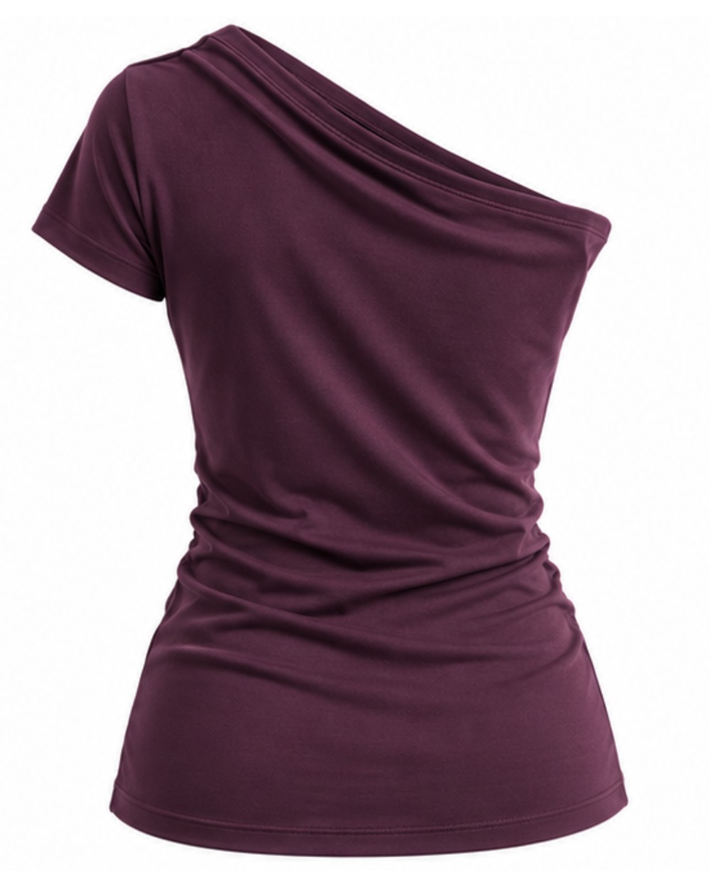 Plum one-shoulder top, back view