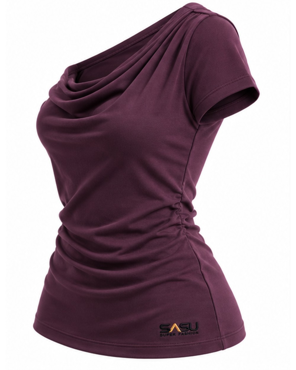 Plum one-shoulder top, angled view showing the ruched side seam