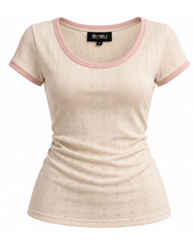 Cream women's pointelle fitted top with pink ringer trim, front view