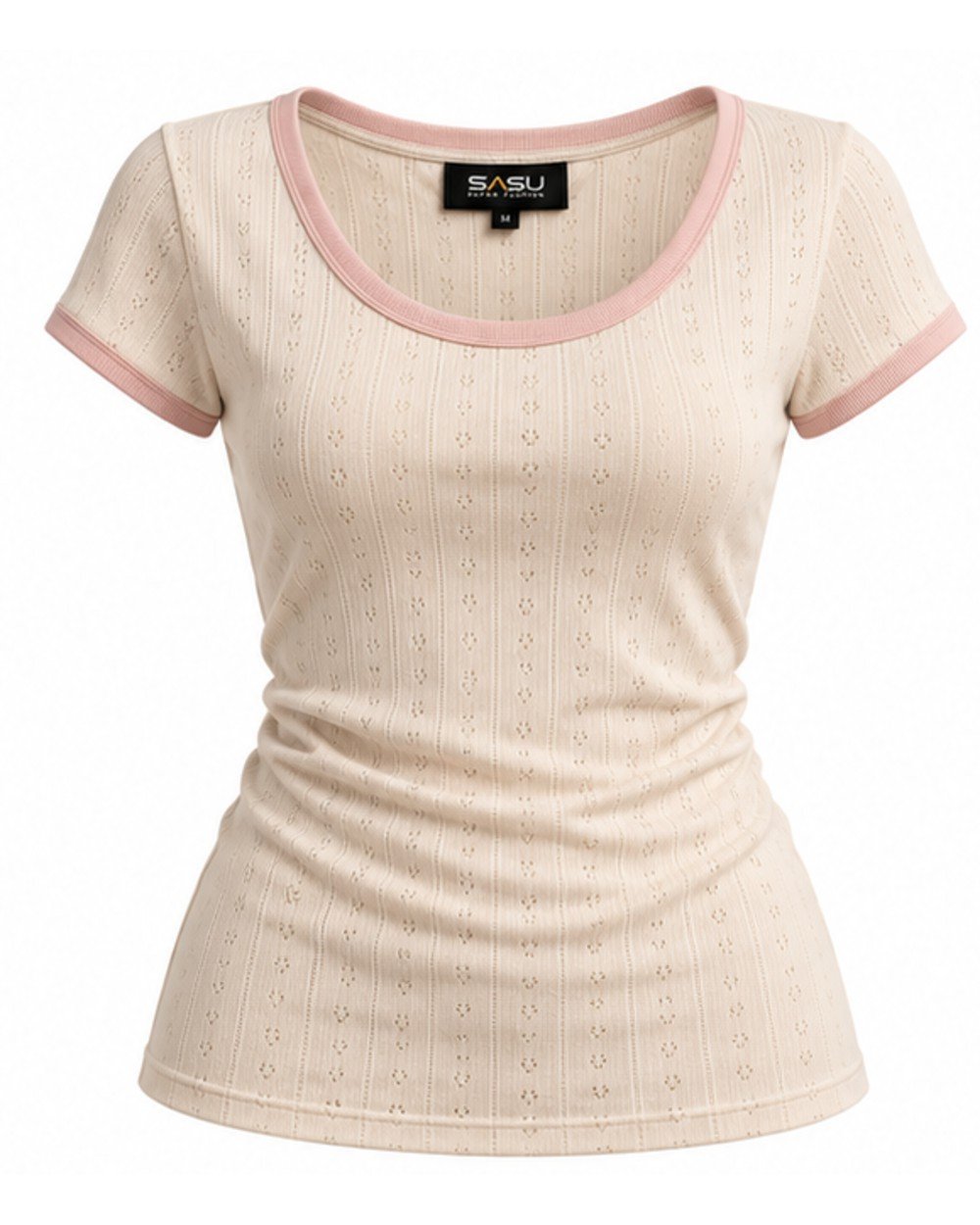 Cream women's pointelle fitted top with pink ringer trim, front view