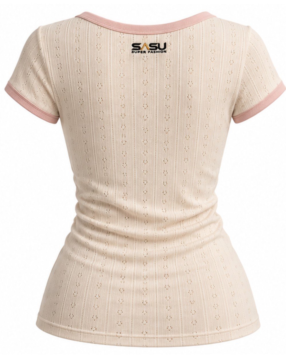 Cream pointelle top, back view with embroidered logo on the upper back