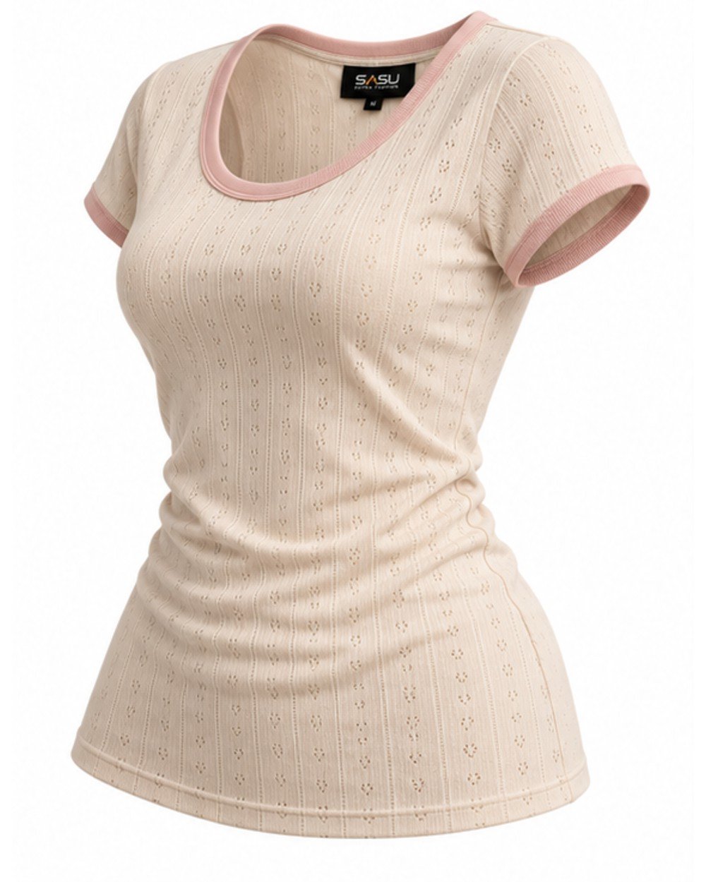 Cream pointelle top with pink trim, angled view