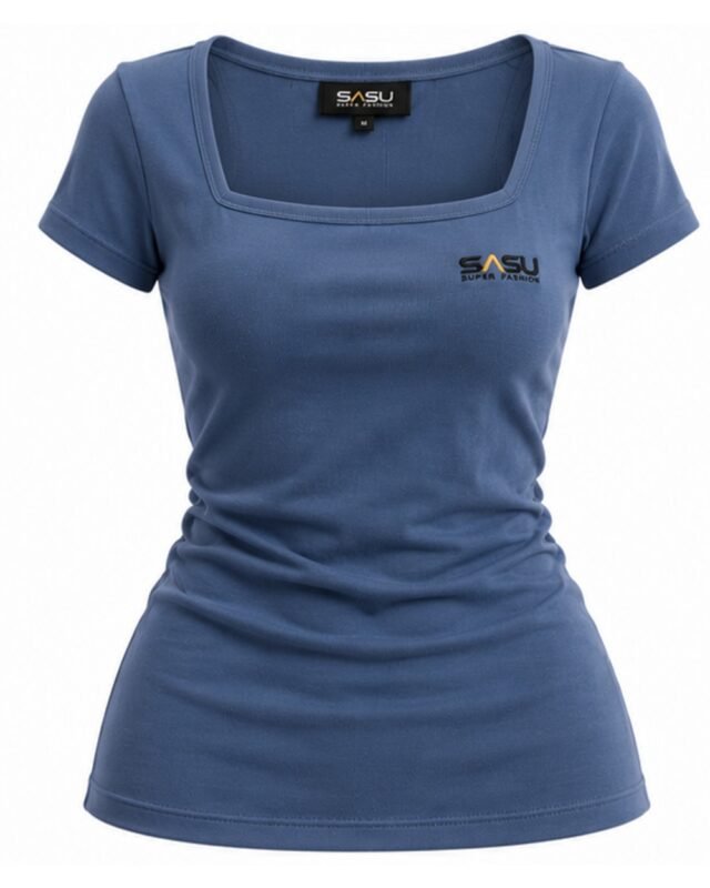 Slate blue women's square neck fitted top, front view with embroidered chest logo